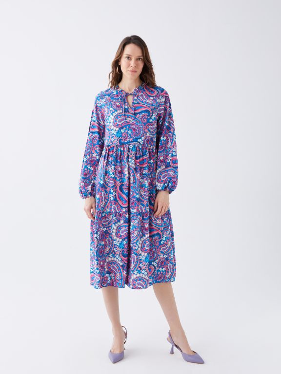 Tie Collar Patterned Long Sleeve Women's Shirt Dress
