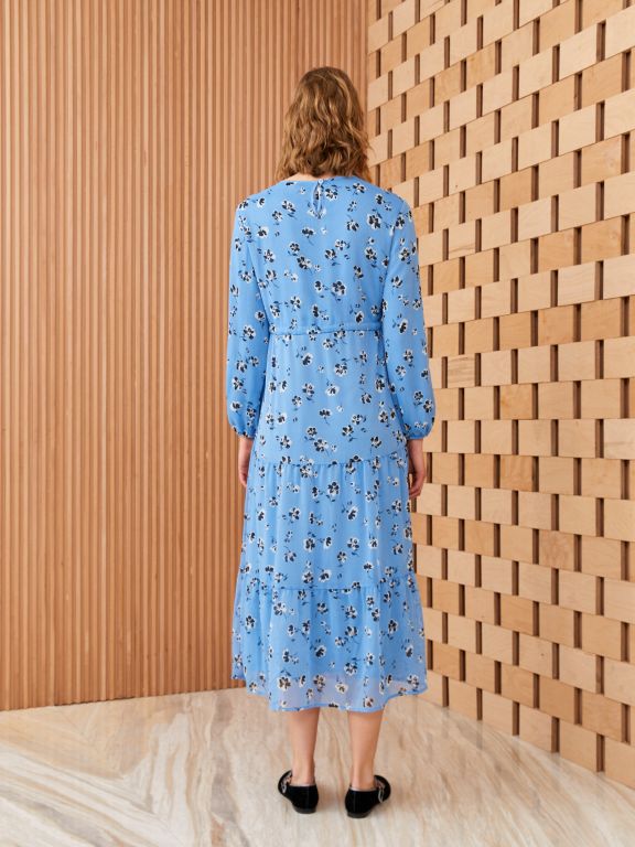 Women's Crew Neck Patterned Long Sleeve Dress