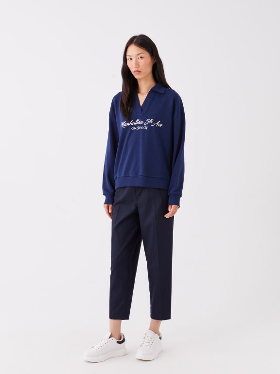 Polo Neck Printed Long Sleeve Oversize Women's Sweatshirt