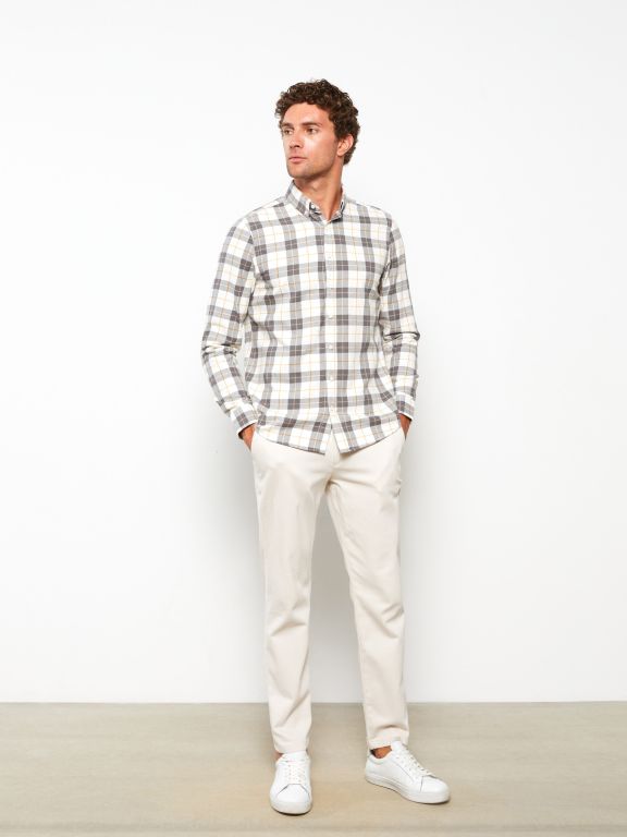 Regular Fit Long Sleeve Plaid Gabardine Men's Shirt