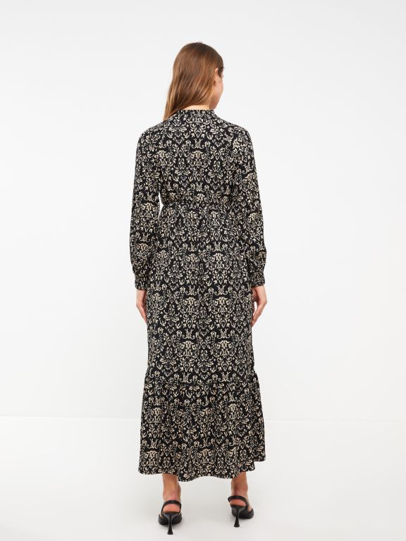 Standing Collar Patterned Long Sleeve Crinkled Maternity Dress