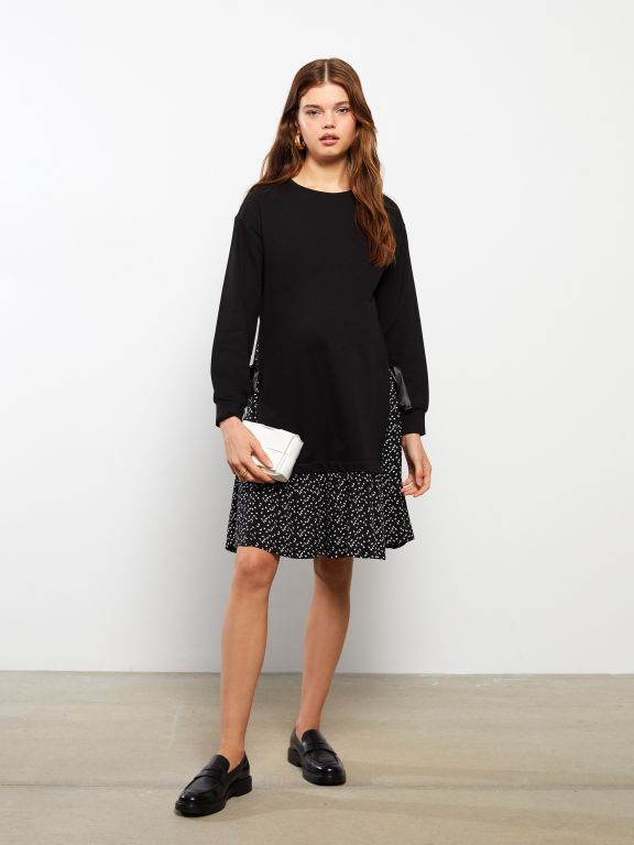 Crew Neck Patterned Long Sleeve Maternity Dress