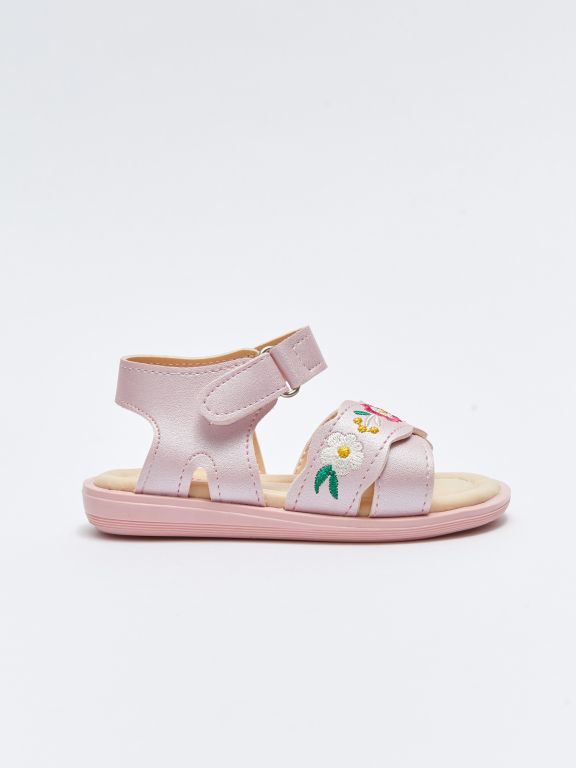Floral Embroidered Velcro Closure Baby Girl Sandals