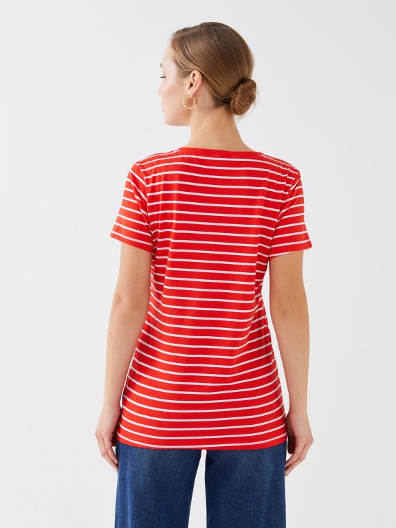 V Neck Striped Short Sleeve Women T-Shirt