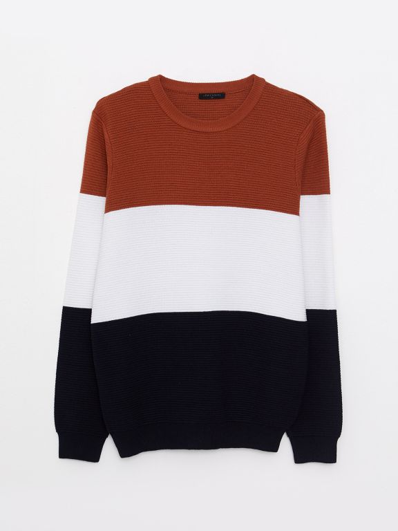 Crew Neck Long Sleeve Men's Tricot Sweater with Color Block