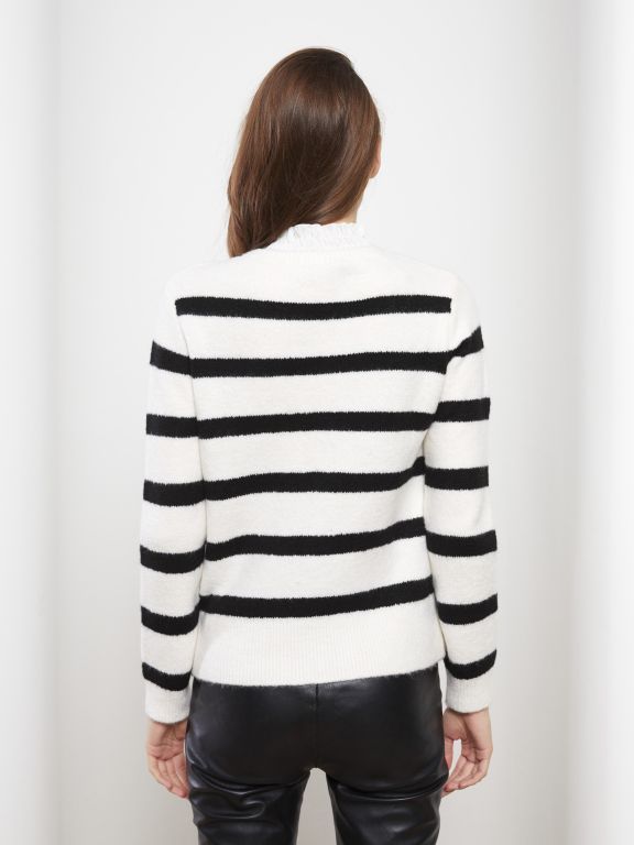 Ruffle Turtle Neck Striped Long Sleeve Women's Tricot Sweater