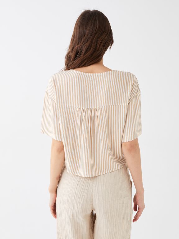 V-Neck Striped Short Sleeve Oversize Women's Blouse