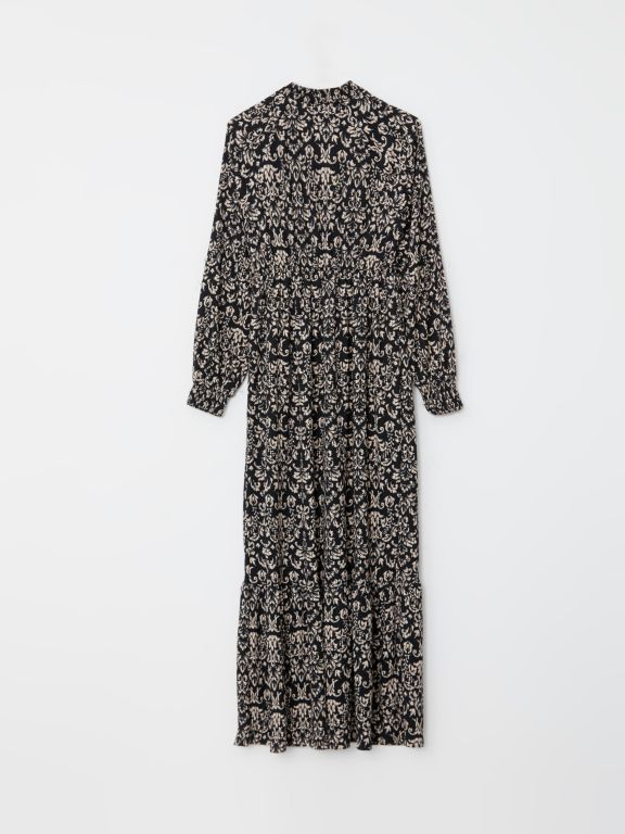 Standing Collar Patterned Long Sleeve Crinkled Maternity Dress