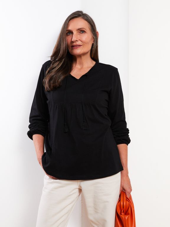 Tie Collar Straight Long Sleeve Cotton Women's Blouse