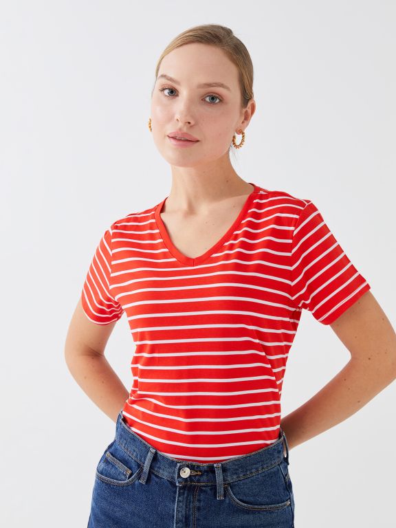 V Neck Striped Short Sleeve Women T-Shirt