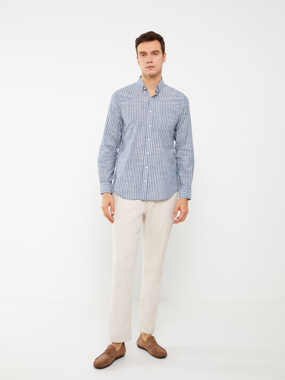 Regular Fit Long Sleeve Striped Poplin Men's Shirt