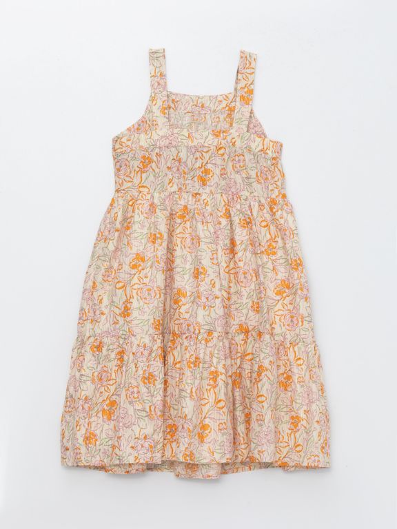 Square Neck Patterned Strappy Girl Dress