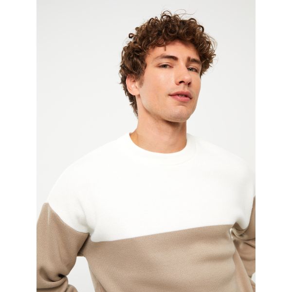 Crew Neck Long Sleeve Men's Tricot Sweater with Color Block