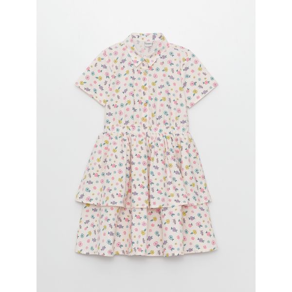 Shirt Collar Patterned Short Sleeve Poplin Girls Dress