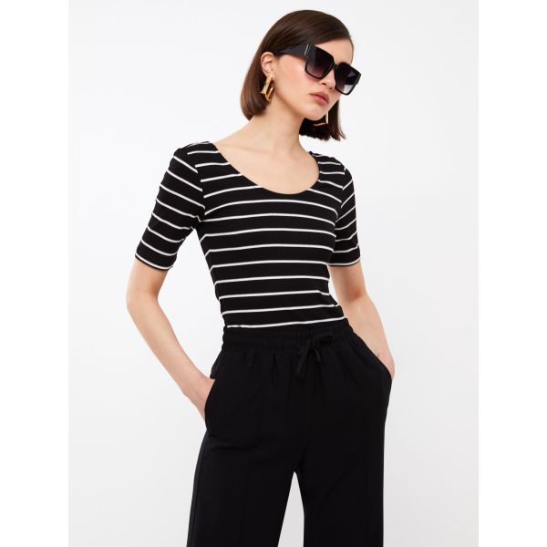Women's U-Neck Striped Short Sleeve T-Shirt