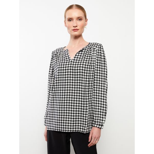 Henley Neckline Plaid Long Sleeve Gabardine Women's Blouse