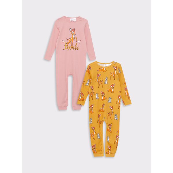 Crew Neck Long Sleeve Bambi Printed Cotton Baby Girl Jumpsuit 2-Pack