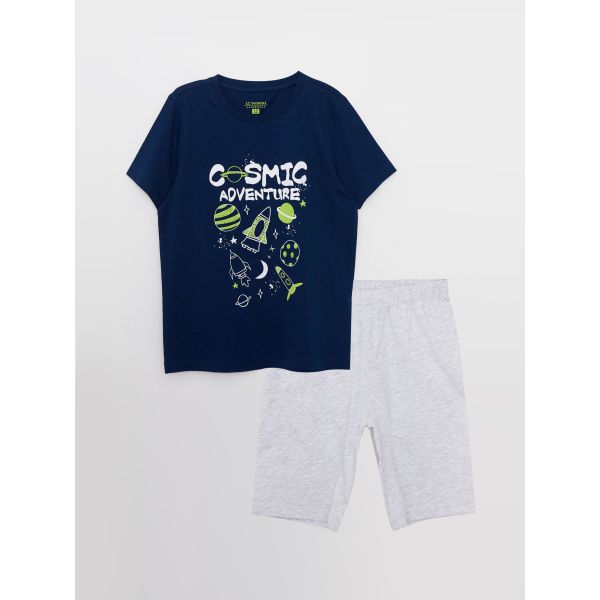 Crew Neck Printed Short Sleeve Boy's Short Pajamas Set