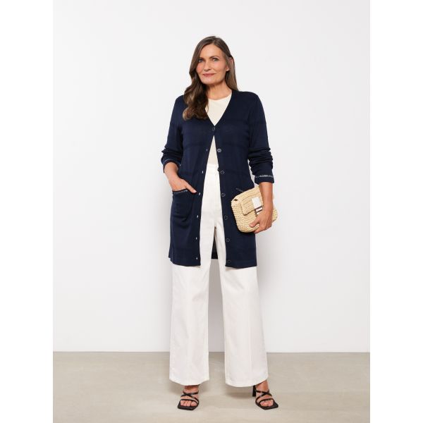 V Neck Self Patterned Long Sleeve Women's Tricot Cardigan
