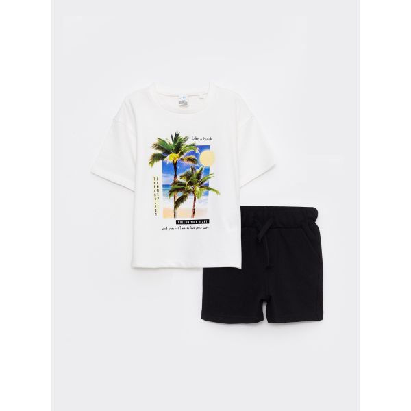 Crew Neck Short Sleeve Printed Cotton Baby Boy T-Shirt and Shorts 2-Piece Set