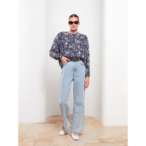 Crew Neck Patterned Long Sleeve Viscose Women's Blouse