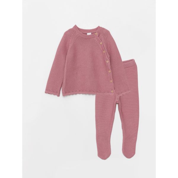 Crew Neck Long Sleeve Basic Baby Girl Knitwear Sweater and Trousers 2-Pack Set