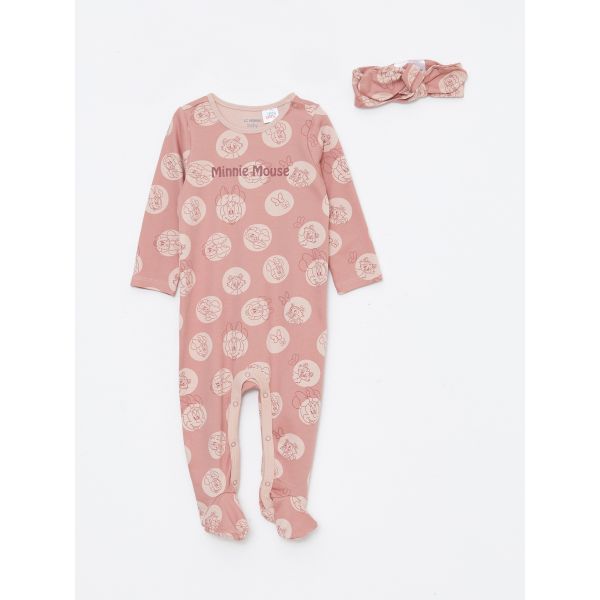 Crew Neck Long Sleeved Minne Mouse Printed Baby Girl Rompers and Hair Band 2 Piece Set