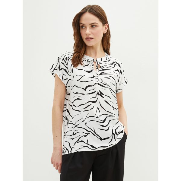 Tie Collar Patterned Short Sleeve Viscose Women's Blouse