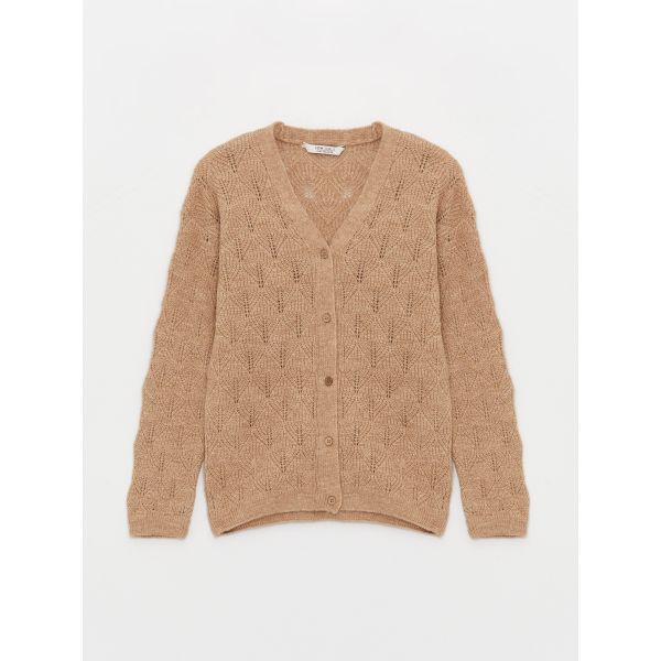 V Neck Self-Patterned Long Sleeve Girls Knitwear Cardigan