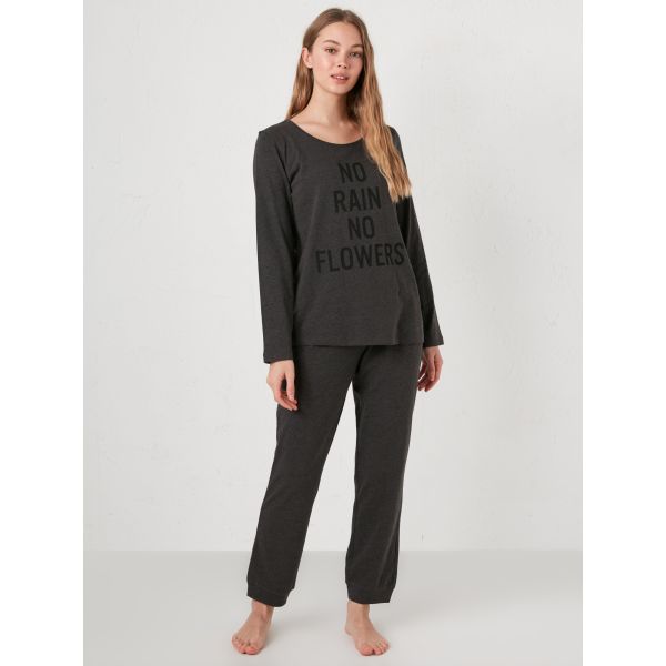 Crew Neck Slogan Printed Long Sleeve Women's Pajamas Set