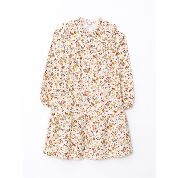 Crew Neck Patterned Long Sleeve Gabardine Girl Dress