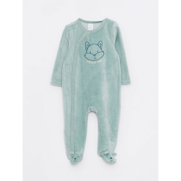 Crew Neck Long Sleeve Embroidery Detailed Baby Boy Velvet Jumpsuit