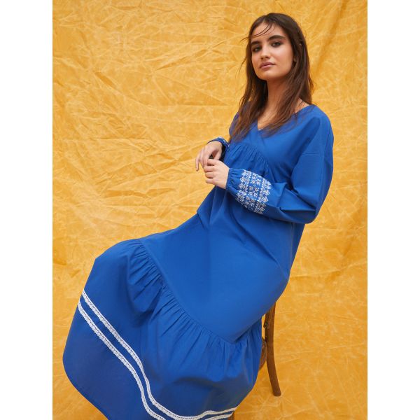 V Neck Patterned Long Sleeve Women's Dress