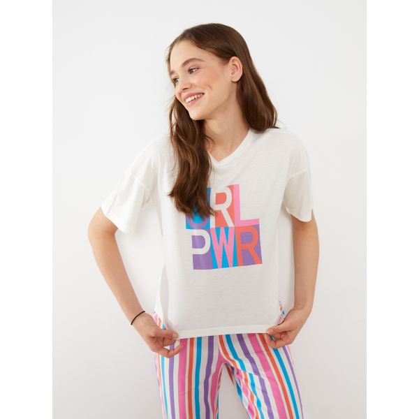 Crew Neck Printed Short Sleeve Women's Pajama Set