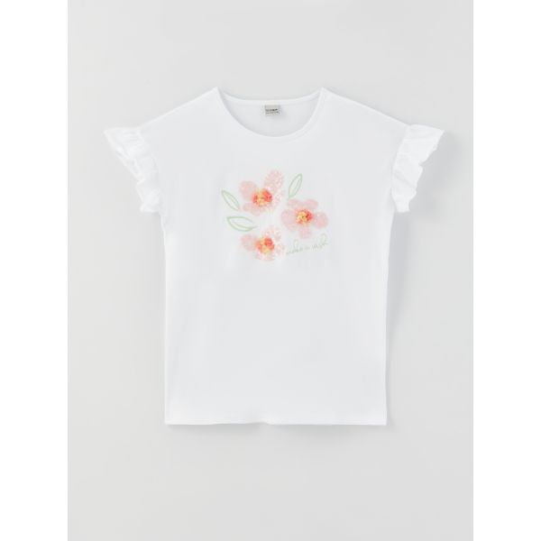 Crew Neck Sequins Embroidered Short Sleeve Girls T-Shirt