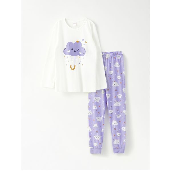 Crew Neck Printed Long Sleeve Girl Pajama Set