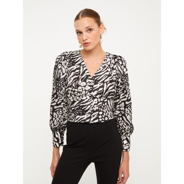 V-Neck Patterned Long Sleeve Satin Women's Blouse
