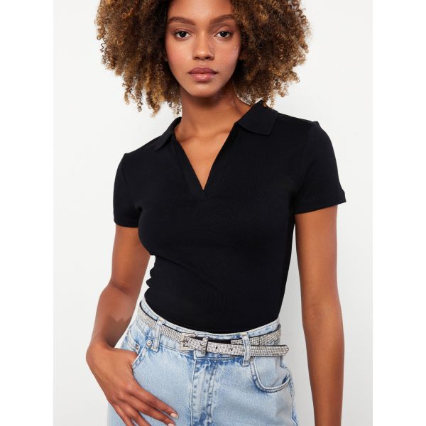 Polo Neck Straight Short Sleeve Women's T-Shirt