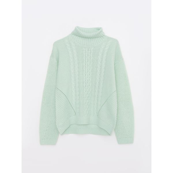 Turtleneck Self Patterned Long Sleeve Girl Tricot Sweater