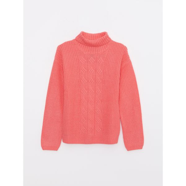 Turtleneck Self Patterned Long Sleeve Girl Tricot Sweater