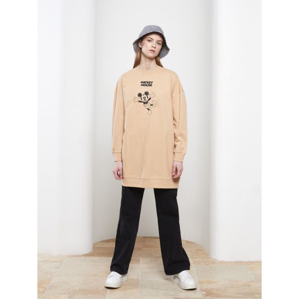 Crew Neck Mickey Mouse Printed Long Sleeve Women's Tunic