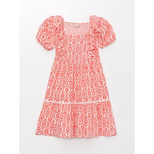 Square Neck Patterned Short Sleeve Girls' Dress