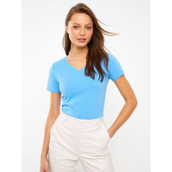V-neck Straight Short Sleeve Cotton Women's T-Shirt