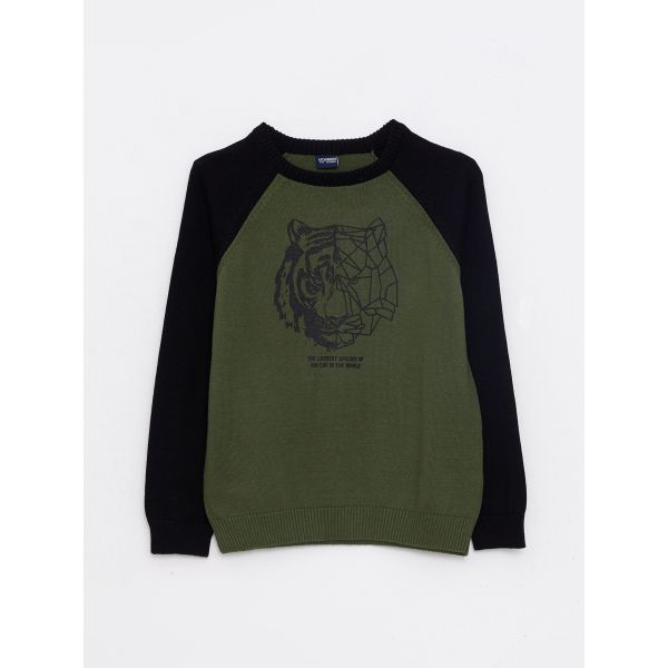 Crew Neck Patterned Long Sleeve Boy Tricot Sweater