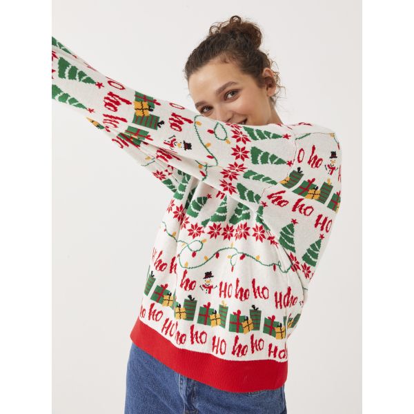 Crew Neck New Year Themed Long Sleeve Women's Tricot Sweater