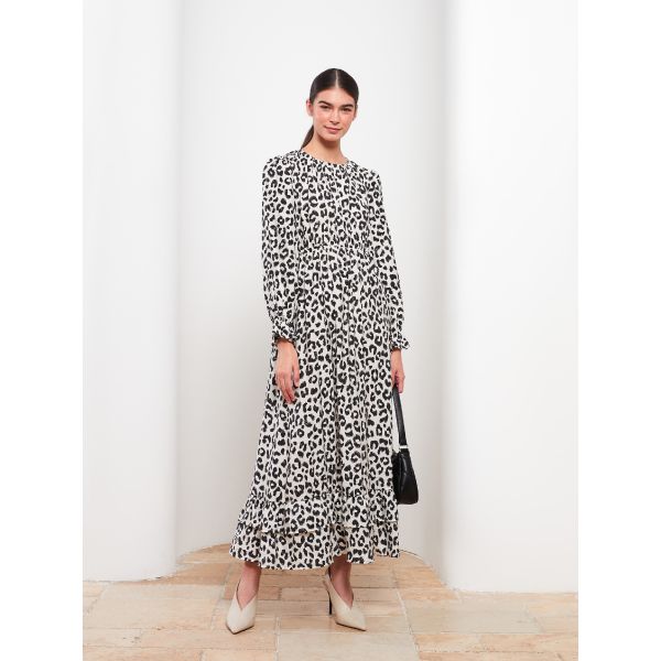 Crew Neck Patterned Long Sleeve Women's Dress