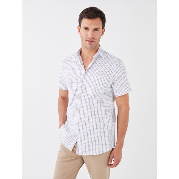 Regular Fit Short Sleeve Plaid Poplin Men's Shirt
