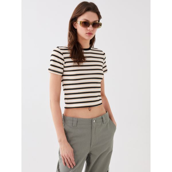 Crew Neck Striped Short Sleeve Women's Crop