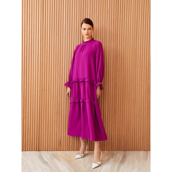 Ruffled Standing Collar Straight Long Sleeve Women's Dress