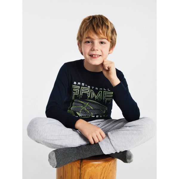 Crew Neck Printed Long Sleeve Boy Pajama Set